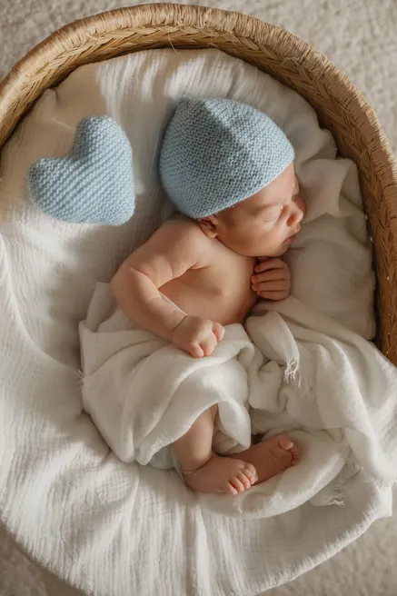 Nouveau-né endormi coiffé d’un bonnet tricoté bleu, un petit cœur bleu à côté de lui